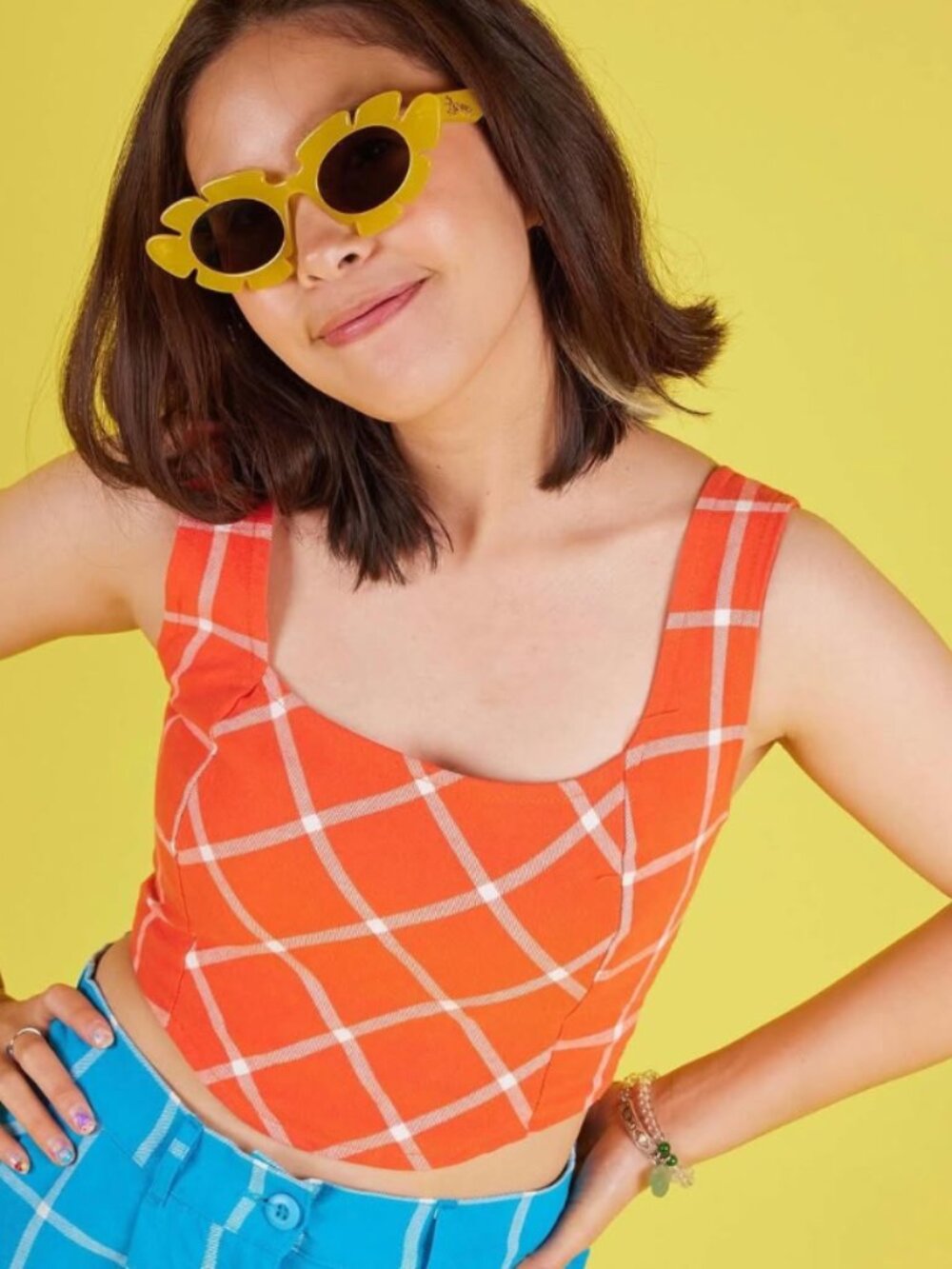 Mokuyobi Tomato Red Grid Plaid Cropped Corset Tank Top XS